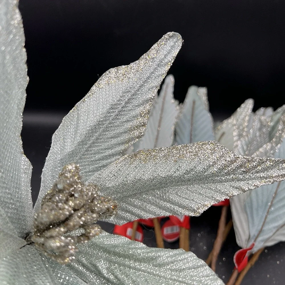 10 CHRISTMAS Poinsettia Sea Aqua Blue Silver Glitter Tree Decor Floral Pick Stem